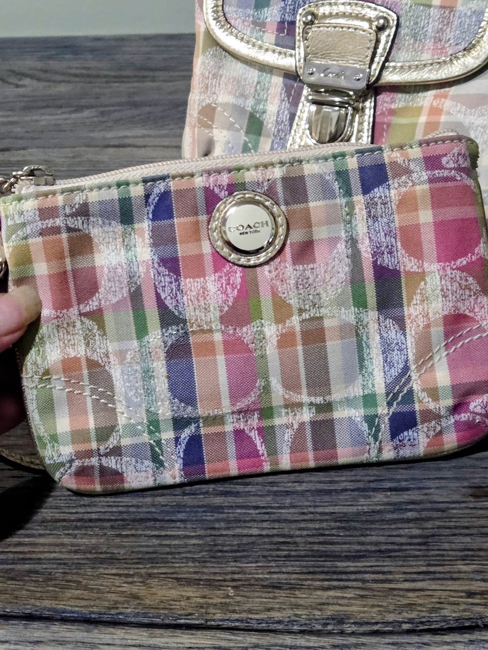 Coach Poppy Madras Plaid Leather Shoulder Bag with Gold Trim And Wristlet Purse - Picture 13 of 16
